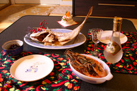 The "Omedetai" (kind of a humorous take on omedetou and tai, as I understand it) New Year's fish, and a few small dishes from homemade osechi ryouri in Japan. Osechi ryouri is food prepared ahead of