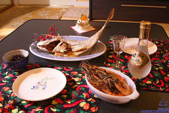 The "Omedetai" (kind of a humorous take on omedetou and tai, as I understand it) New Year's fish, and a few small dishes from homemade osechi ryouri in Japan. Osechi ryouri is food prepared ahead of